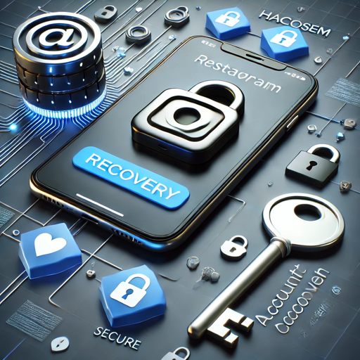 סמארטפון עם מסך שחזור חשבון אינסטגרם, כולל סמל מנעול, מפתח ואזהרה.